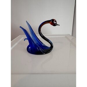 Murano Style Vintage Art Glass Blue And‎ Amber Swan 3" Has Sticker See Photos